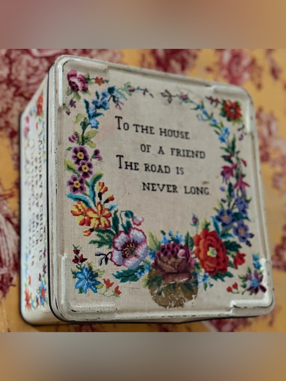 Vintage Carrs of Carlisle England Biscuit Tin Mondays Child Floral Cross Stitch